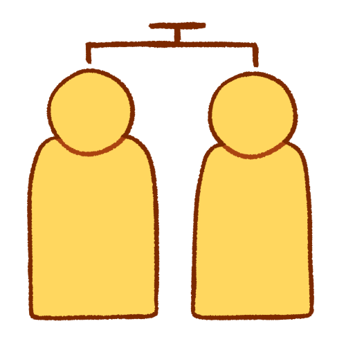  A drawing of two generic emoji yellow people standing next to each other. Above them is a dark brown line with a line down to each of them, with another, shorter connected line above it, reminiscent of a family tree.